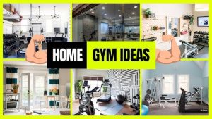 Kollage med sex bilder på hemmagym, med texten 'HOME GYM IDEAS' och armar.