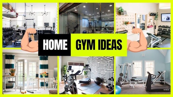 Kollage med sex bilder på hemmagym, med texten 'HOME GYM IDEAS' och armar.